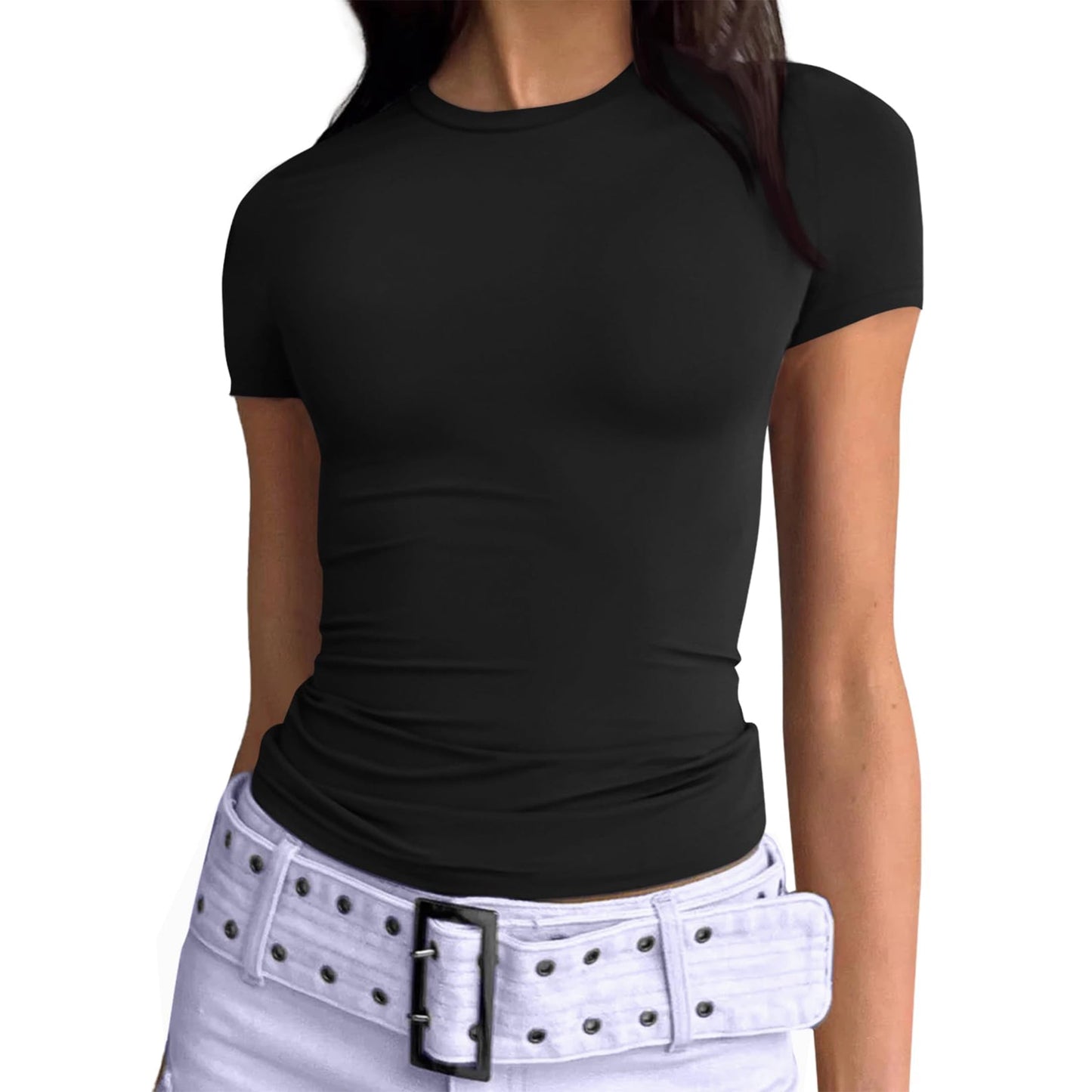 SUNBS Womens Basic T-Shirts Scoop Neck Short Sleeve Crop Tops Cute Summer Tops Slim Fit Tees Y2k Clothing 2025