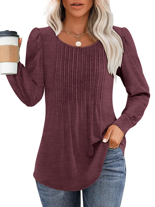 SUNBS Long Sleeve Shirts for Women Business Casual Dressy Tops Crewneck Pleated Blouses Trendy Clothes