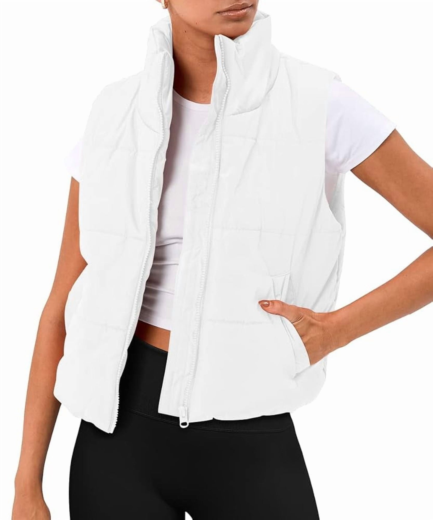 SUNBS Puffer Vest Women Sleeveless Winter Cropped Outerwear Warm Puffer Lightweight Stand-up Collar Down with Pockets