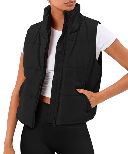 SUNBS Puffer Vest Women Sleeveless Winter Cropped Outerwear Warm Puffer Lightweight Stand-up Collar Down with Pockets
