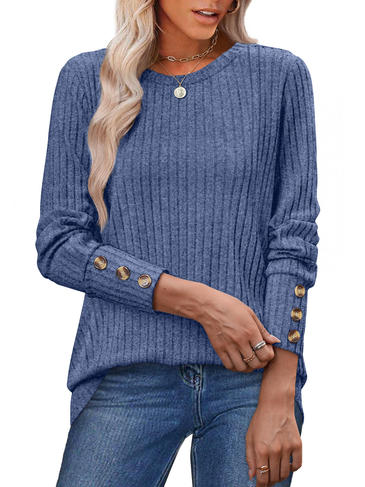 SUNBS Sweaters for Womens Long Sleeve Shirts Button Cuffs Tunic Blouse Fashion Outfits