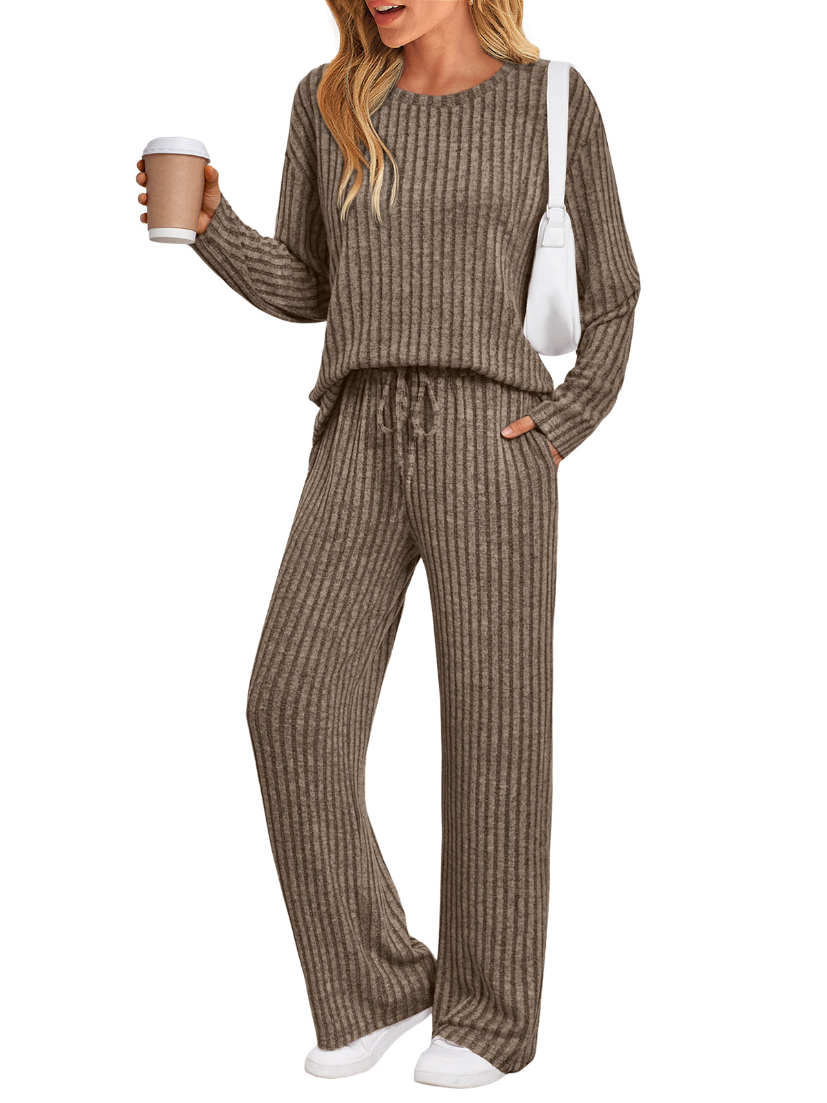 SUNBS Two Piece Lounge Sets for Women Pajamas Set Wide Leg Pants Ribbed Knit Winter Matching 2 Piece Outfits Trendy Clothes