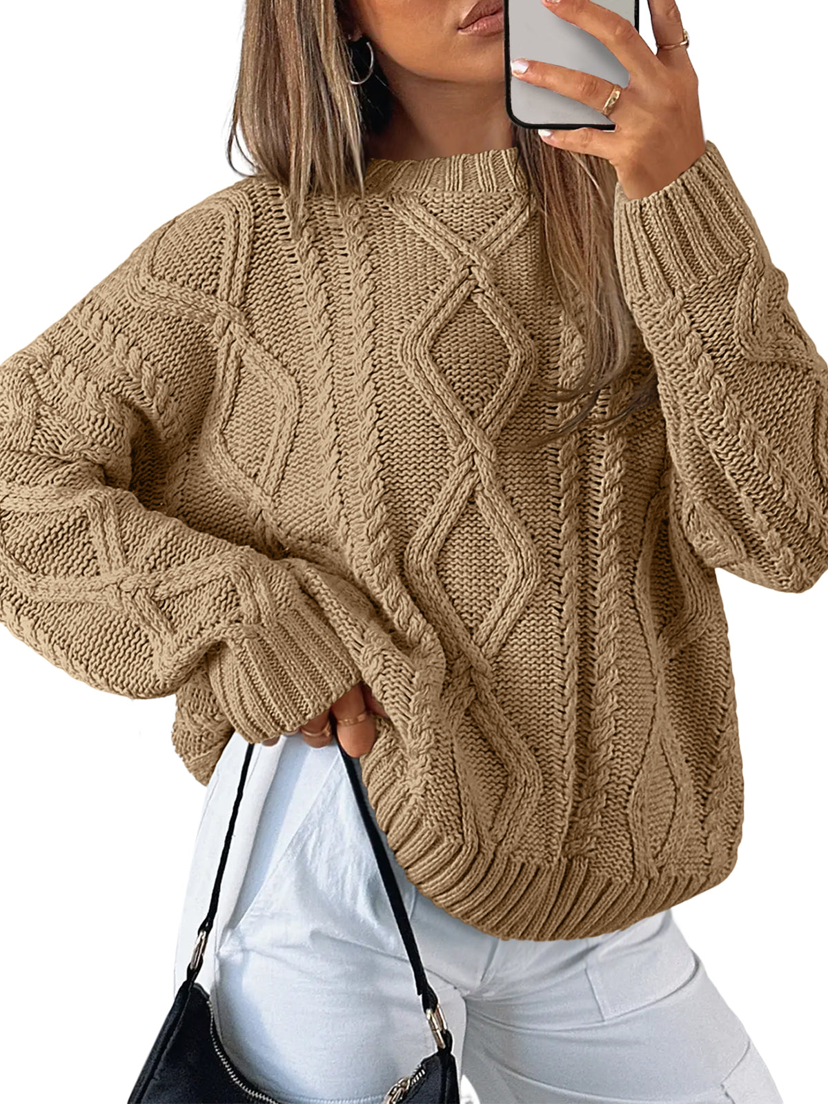 SUNBS Oversized Sweaters for Women Cable Knit Crewneck Pullover Casual Long Sleeve Top Fall Womens Clothes