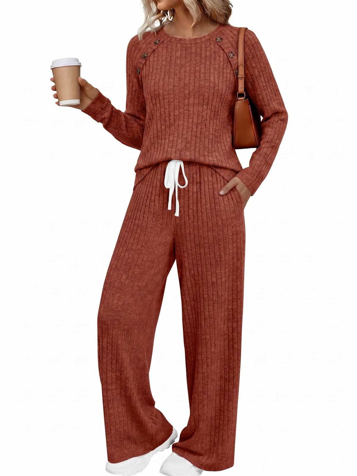 SUNBS Women's 2 Piece Lounge Sets Fall Outfits Crew Neck Top High Waist Wide Leg Pants for Casual Travel Wear