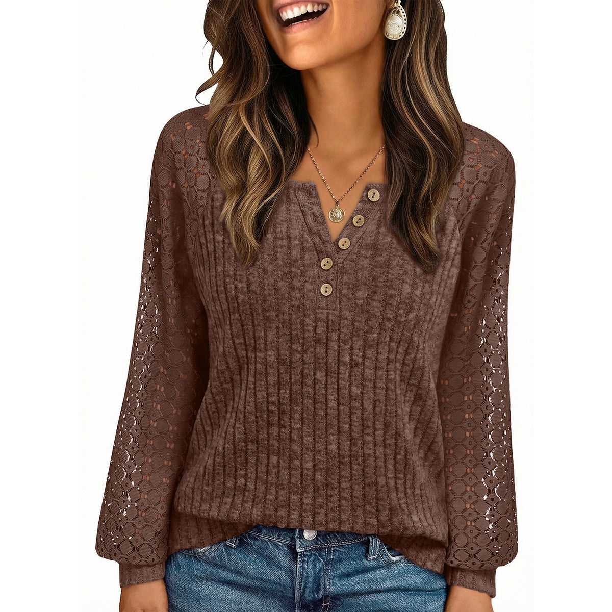 SUNBS Womens Tops Hollow-Out Lace Crewneck Blouses Fashion Casual Long Sleeve Shirts