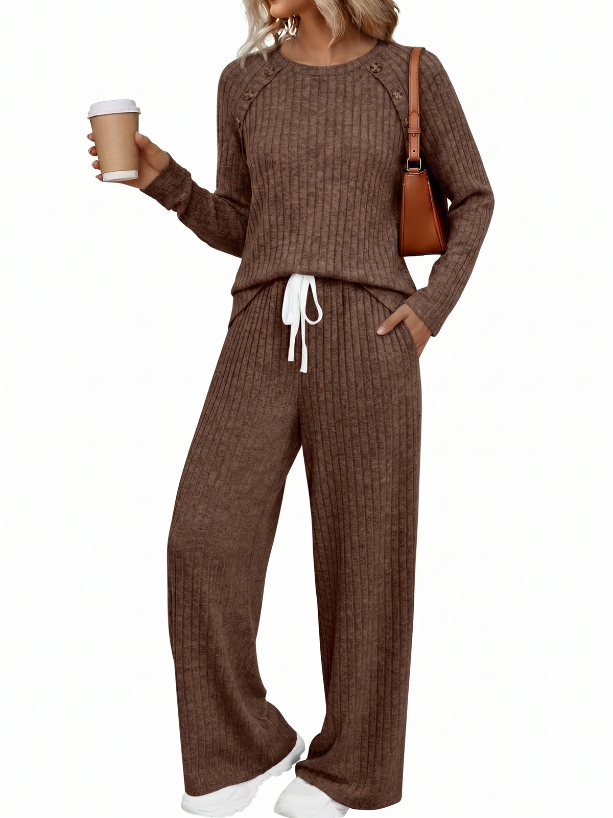 SUNBS Women's 2 Piece Lounge Sets Fall Outfits Crew Neck Top High Waist Wide Leg Pants for Casual Travel Wear
