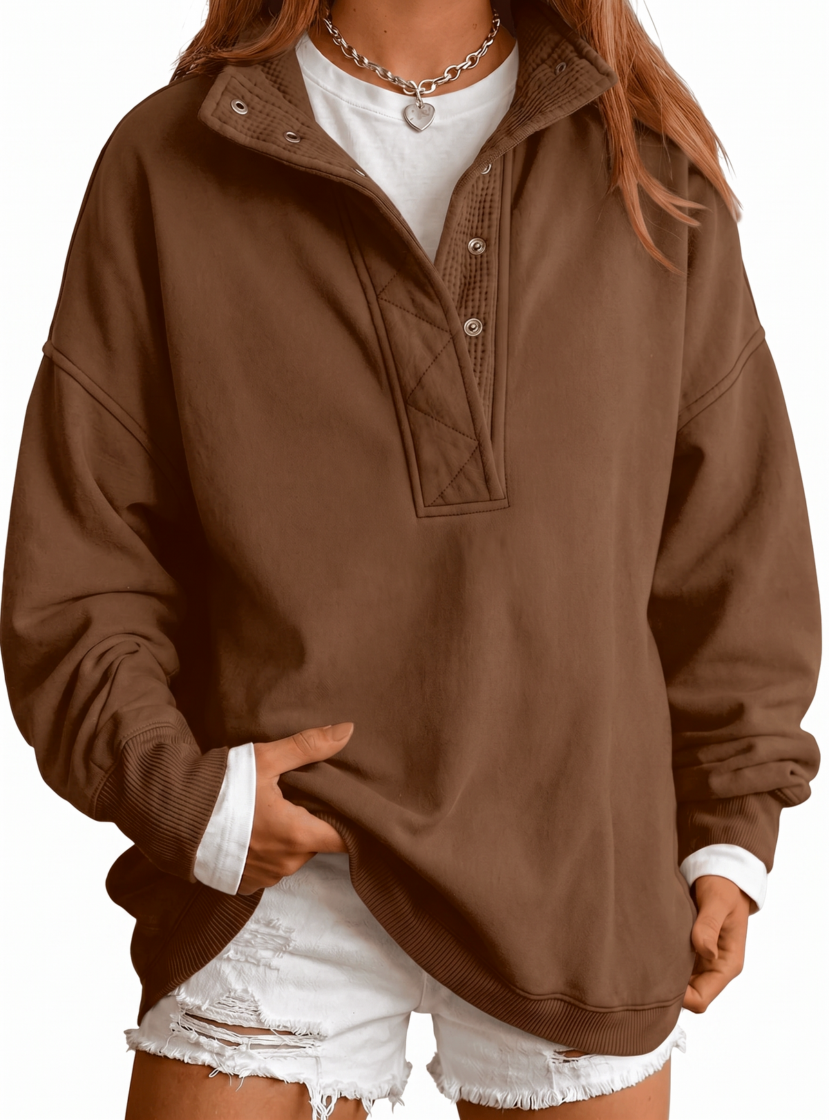 SUNBS Half Button Pullover Sweatshirt for Women Fall Oversized Casual Fleece Tops with Stand Collar