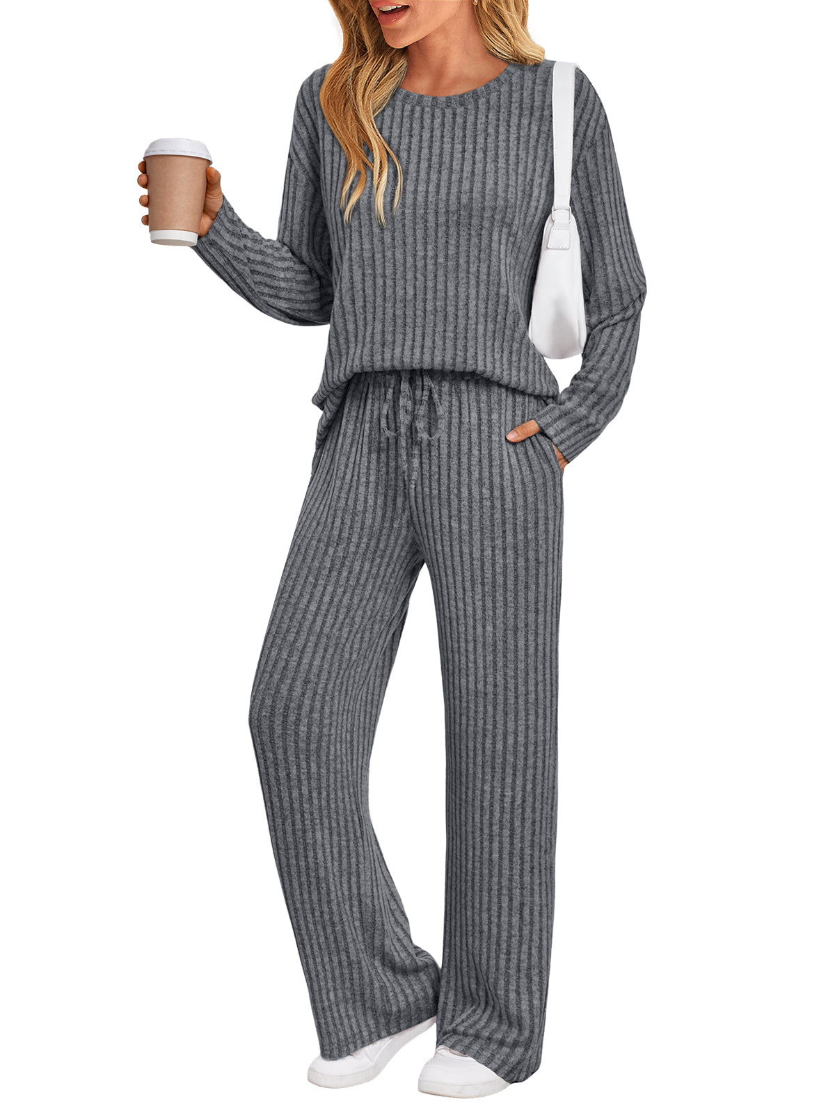SUNBS Two Piece Lounge Sets for Women Pajamas Set Wide Leg Pants Ribbed Knit Winter Matching 2 Piece Outfits Trendy Clothes