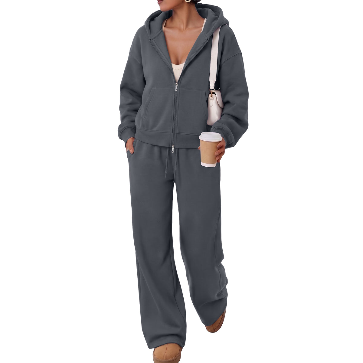 SUNBS Sweatssuits Zip-Up Hoodie Outfits for Women Fall Oversized Loungewear Sets with Wide Leg Pants