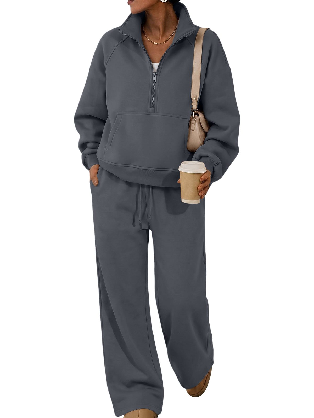 SUNBS 2 Piece Women's Sweatsuit Fall Oversized Half-Zip Sweatshirt and Wide Leg Pants Loungewear Set