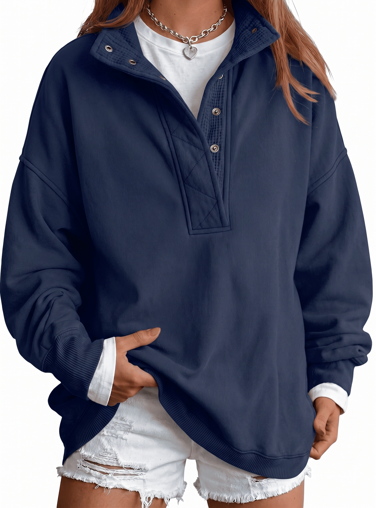 SUNBS Half Button Pullover Sweatshirt for Women Fall Oversized Casual Fleece Tops with Stand Collar