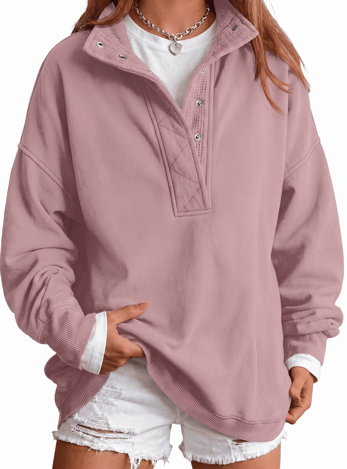 SUNBS Half Button Pullover Sweatshirt for Women Fall Oversized Casual Fleece Tops with Stand Collar