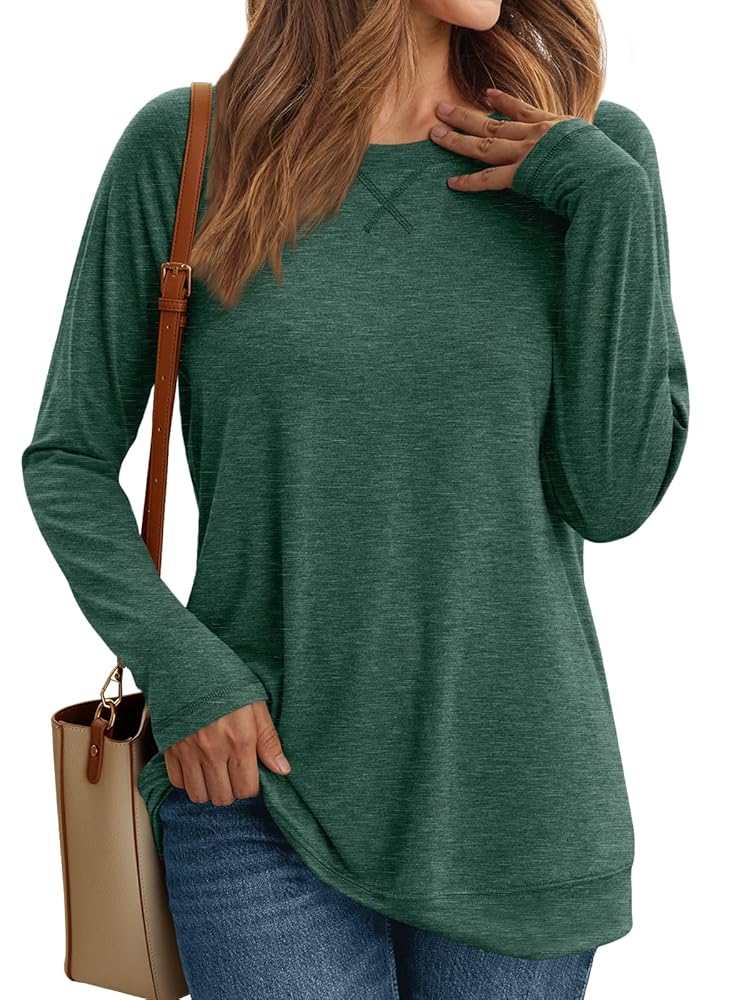 SUNBS Long Sleeve Shirts for Women Casual Work Tops Crewneck Blouses Loose Fit Clothes Trendy