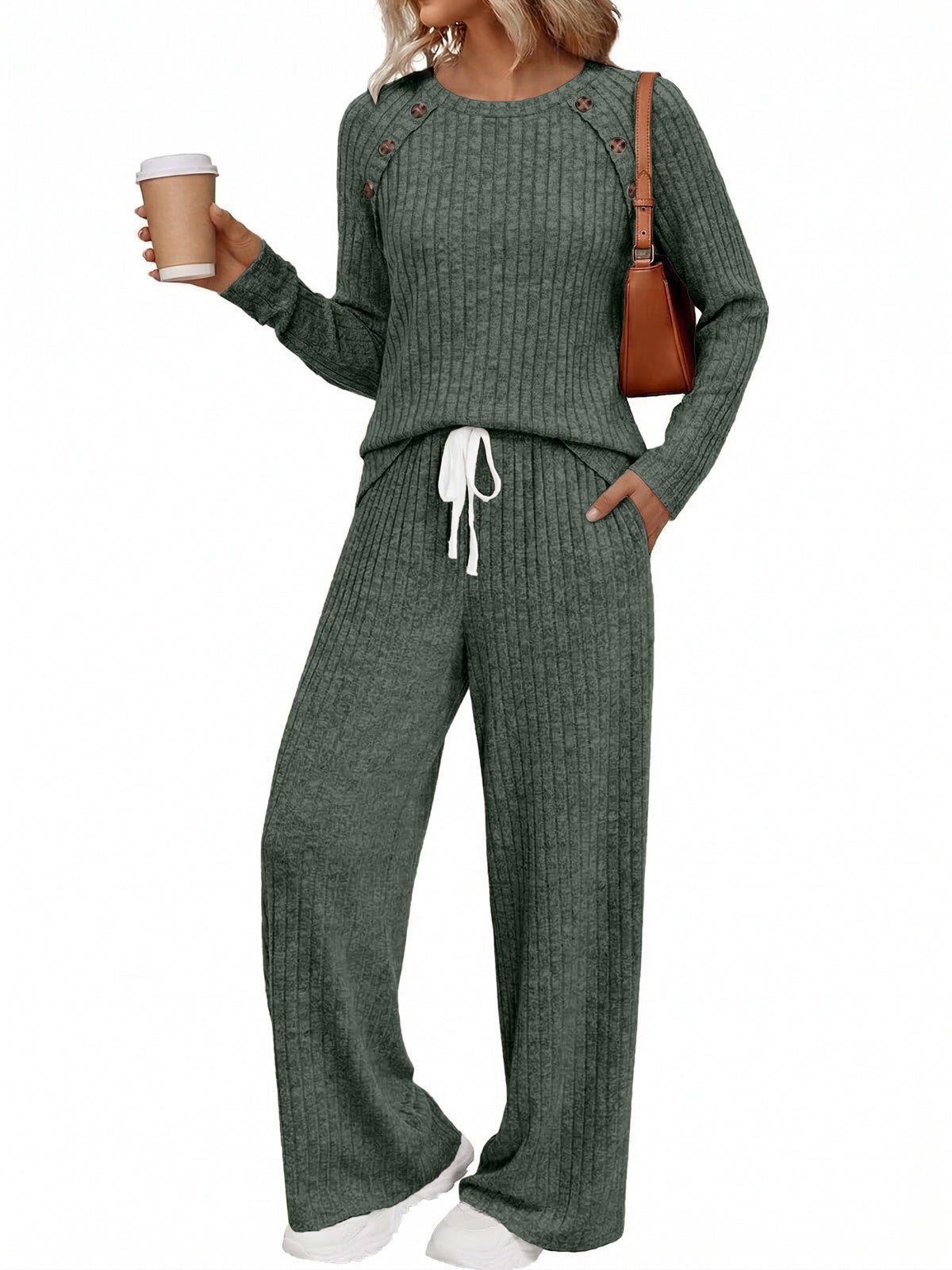 SUNBS Women's 2 Piece Lounge Sets Fall Outfits Crew Neck Top High Waist Wide Leg Pants for Casual Travel Wear