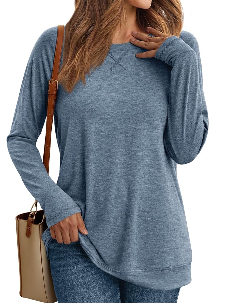 SUNBS Long Sleeve Shirts for Women Casual Work Tops Crewneck Blouses Loose Fit Clothes Trendy
