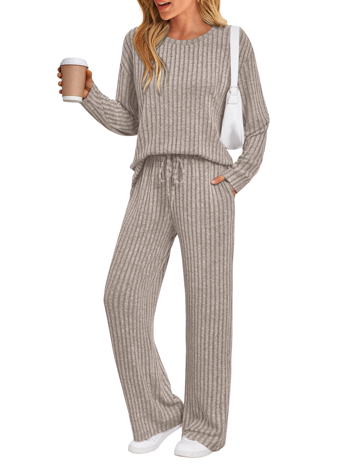 SUNBS Two Piece Lounge Sets for Women Pajamas Set Wide Leg Pants Ribbed Knit Winter Matching 2 Piece Outfits Trendy Clothes