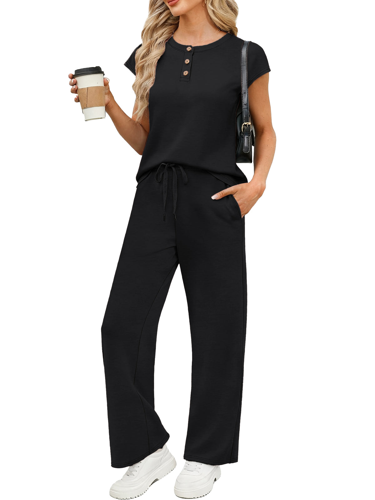 SUNBS 2 Piece Outfits Sets for Women Casual Cap Henley Sleeve Lounge Set Summer Travel Vacation