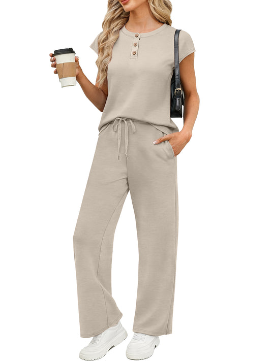 SUNBS 2 Piece Outfits Sets for Women Casual Cap Henley Sleeve Lounge Set Summer Travel Vacation