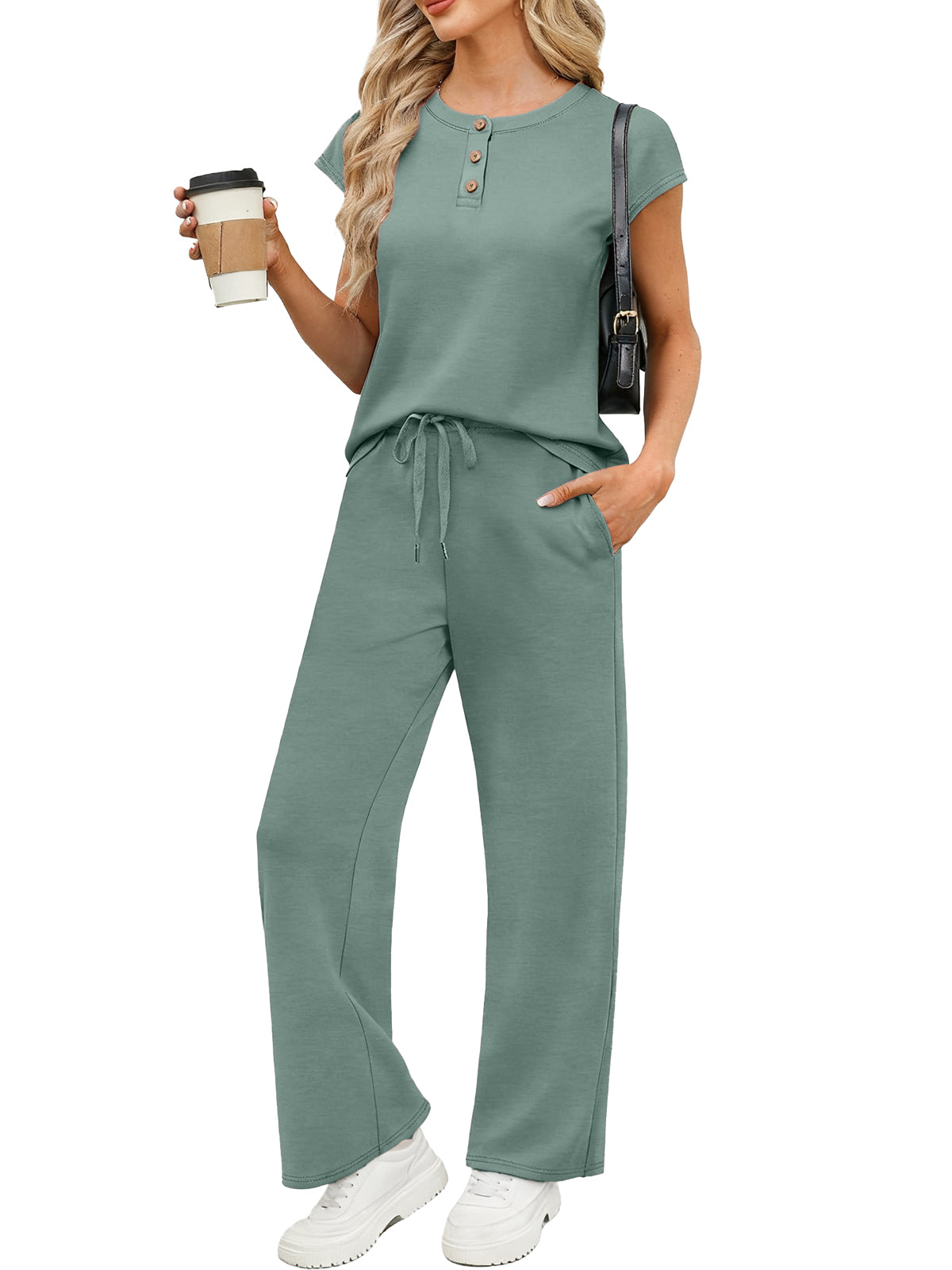 SUNBS 2 Piece Outfits Sets for Women Casual Cap Henley Sleeve Lounge Set Summer Travel Vacation