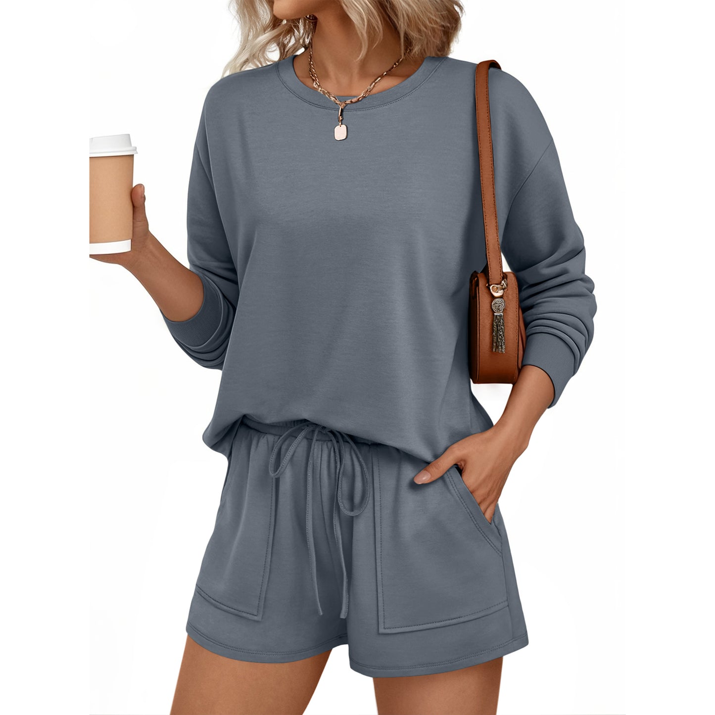 SUNBS Womens Crew Neck Two Piece Short Sets Long Sleeve Drawstring Summer Sweatsuit with Pocket