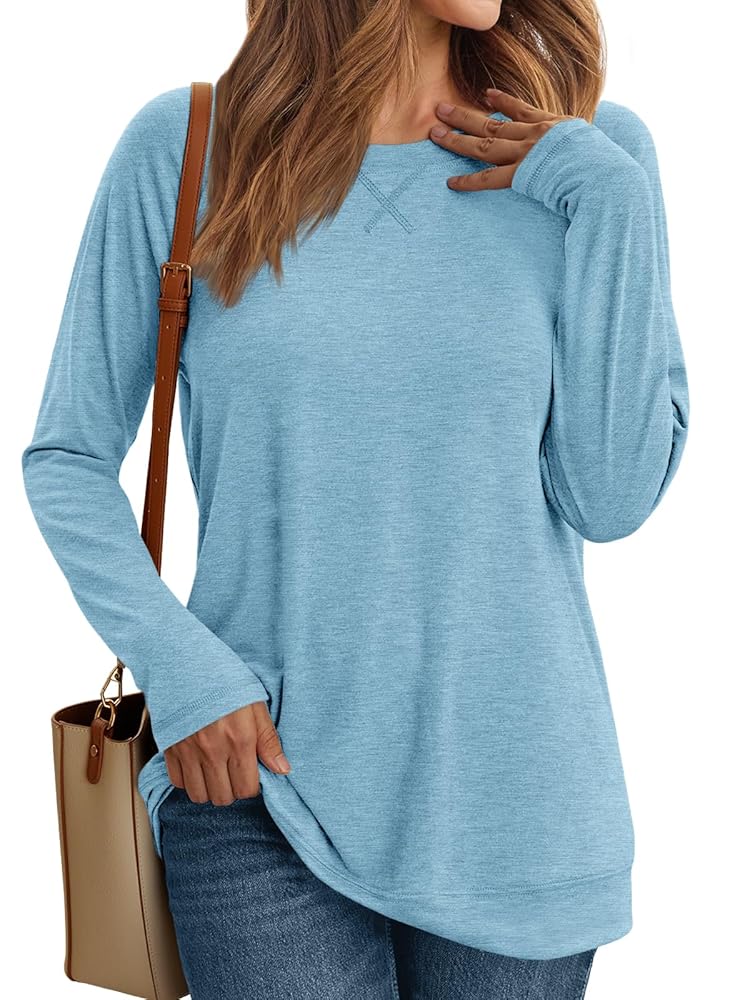 SUNBS Long Sleeve Shirts for Women Casual Work Tops Crewneck Blouses Loose Fit Clothes Trendy
