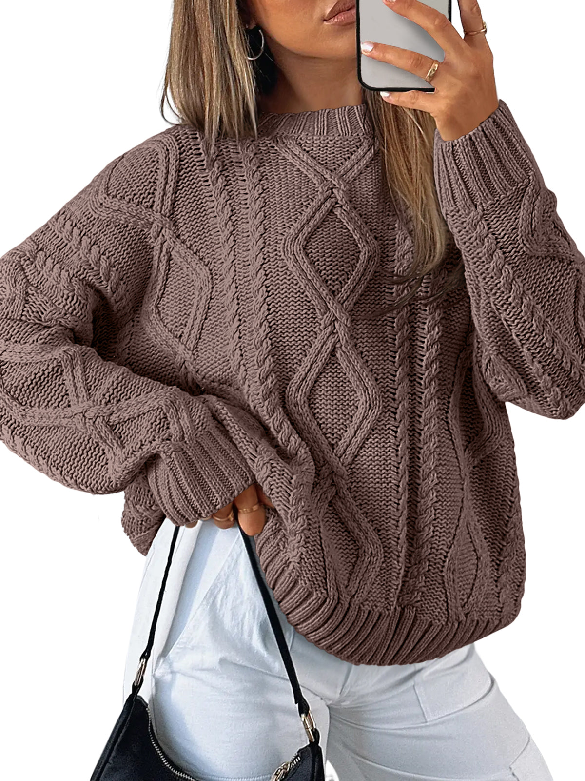 SUNBS Oversized Sweaters for Women Cable Knit Crewneck Pullover Casual Long Sleeve Top Fall Womens Clothes