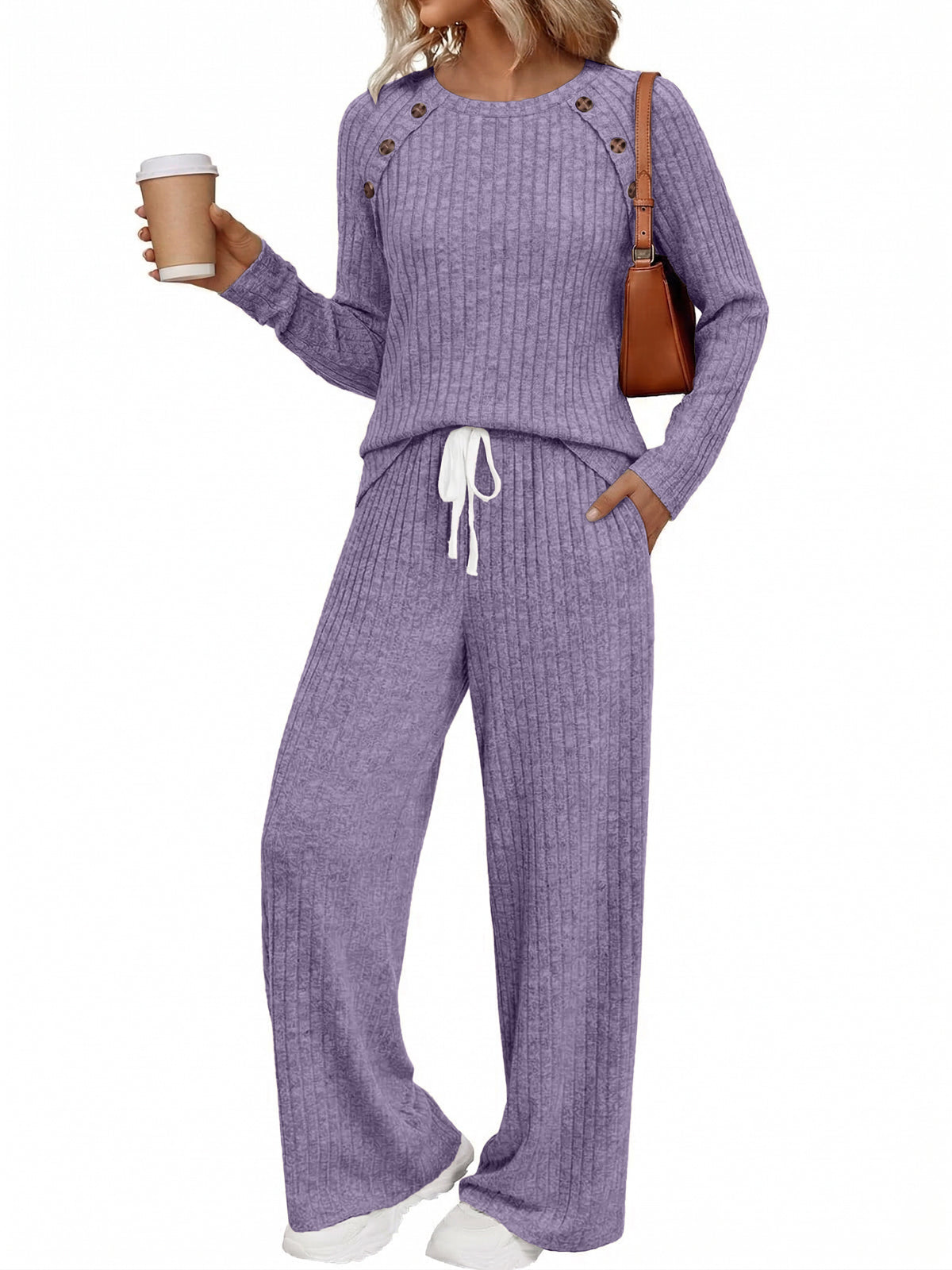 SUNBS Women's 2 Piece Lounge Sets Fall Outfits Crew Neck Top High Waist Wide Leg Pants for Casual Travel Wear