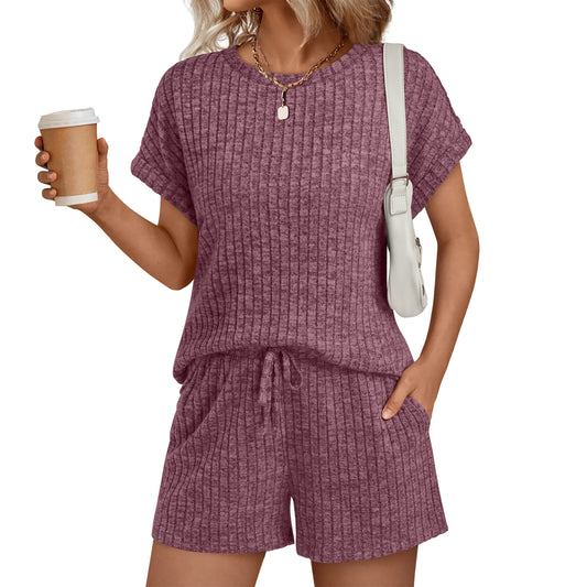 SUNBS Womens Crew Neck Two Piece short Sets Cap Sleeve Tunic Sweaters Drawstring Summer Sweatsuit with Pocket