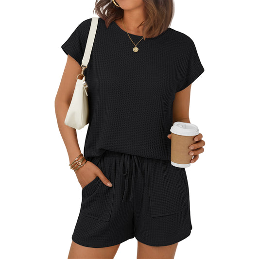 SUNBS Womens Crew Neck Two Piece short Sets Cap Waffle-Knit Sleeve Drawstring Summer Sweatsuit with Pocket