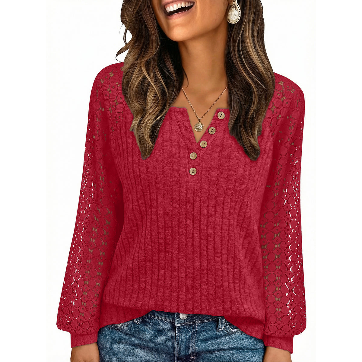 SUNBS Womens Tops Hollow-Out Lace Crewneck Blouses Fashion Casual Long Sleeve Shirts