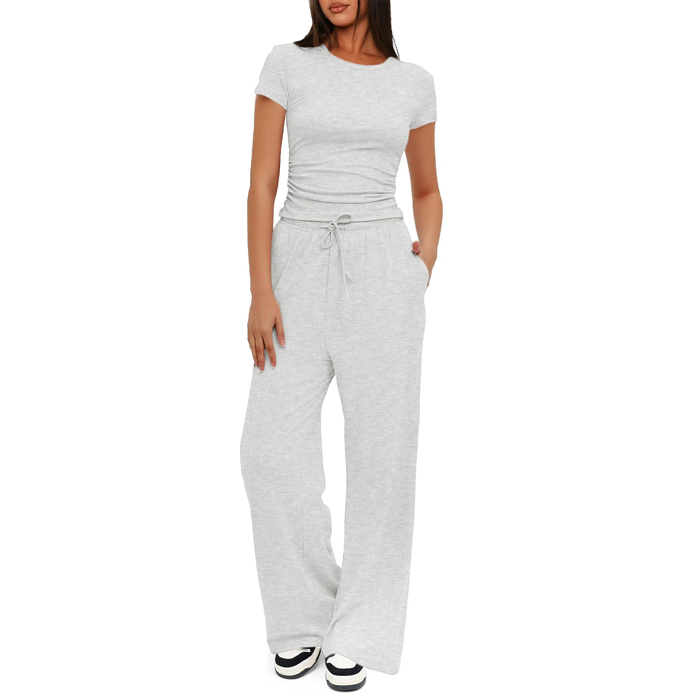 SUNBS 2 Piece Matching Summer Sweatsuit Lounge Set Womens Wide Leg Pants Side Ruching Crop Top Sets