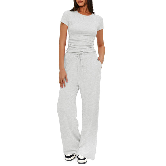 SUNBS 2 Piece Matching Summer Sweatsuit Lounge Set Womens Wide Leg Pants Side Ruching Crop Top Sets