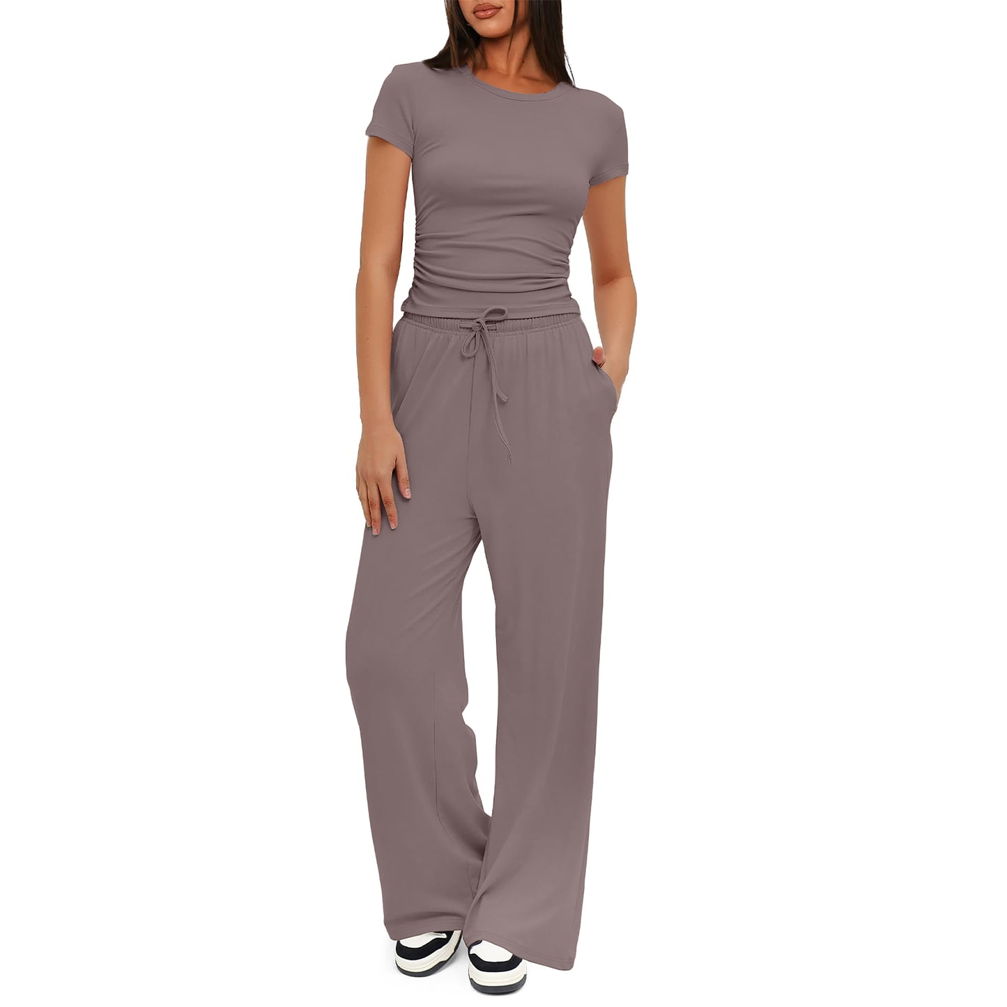 SUNBS 2 Piece Matching Summer Sweatsuit Lounge Set Womens Wide Leg Pants Side Ruching Crop Top Sets