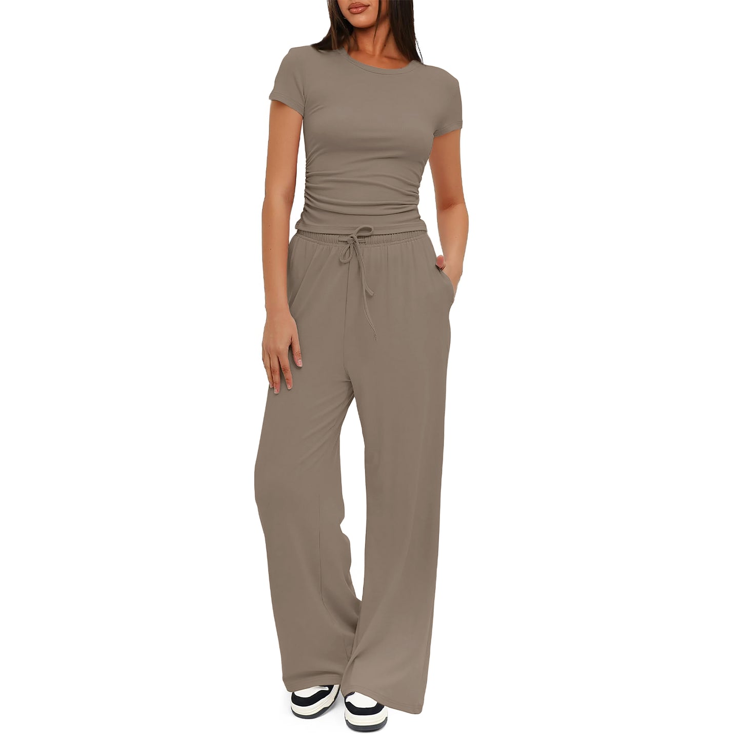 SUNBS 2 Piece Matching Summer Sweatsuit Lounge Set Womens Wide Leg Pants Side Ruching Crop Top Sets