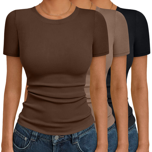 SUNBS 3 Packs Slim Fit Tops for Women Short Sleeve Crew Neck Shirts Stretch Basic Casual T Shirts