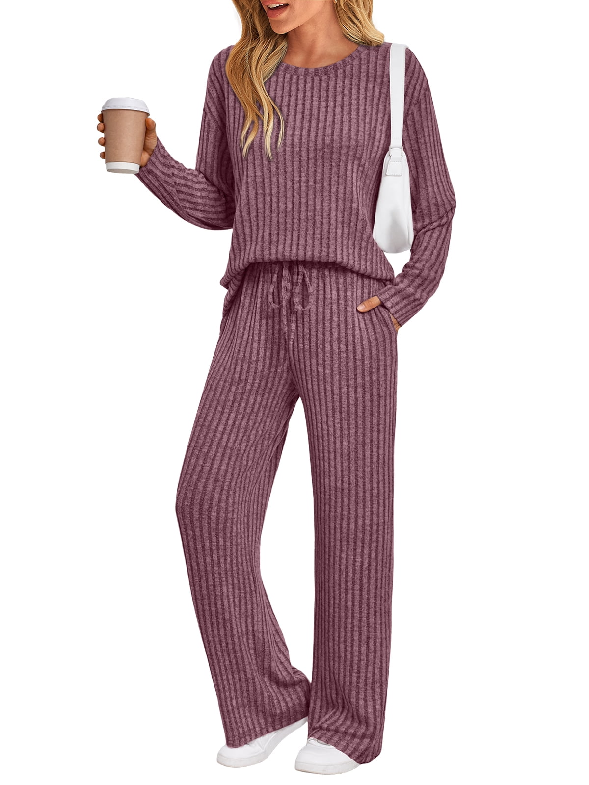 SUNBS Two Piece Lounge Sets for Women Pajamas Set Wide Leg Pants Ribbed Knit Winter Matching 2 Piece Outfits Trendy Clothes