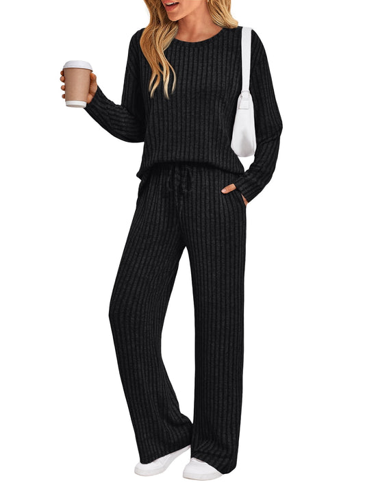 SUNBS Two Piece Lounge Sets for Women Pajamas Set Wide Leg Pants Ribbed Knit Winter Matching 2 Piece Outfits Trendy Clothes
