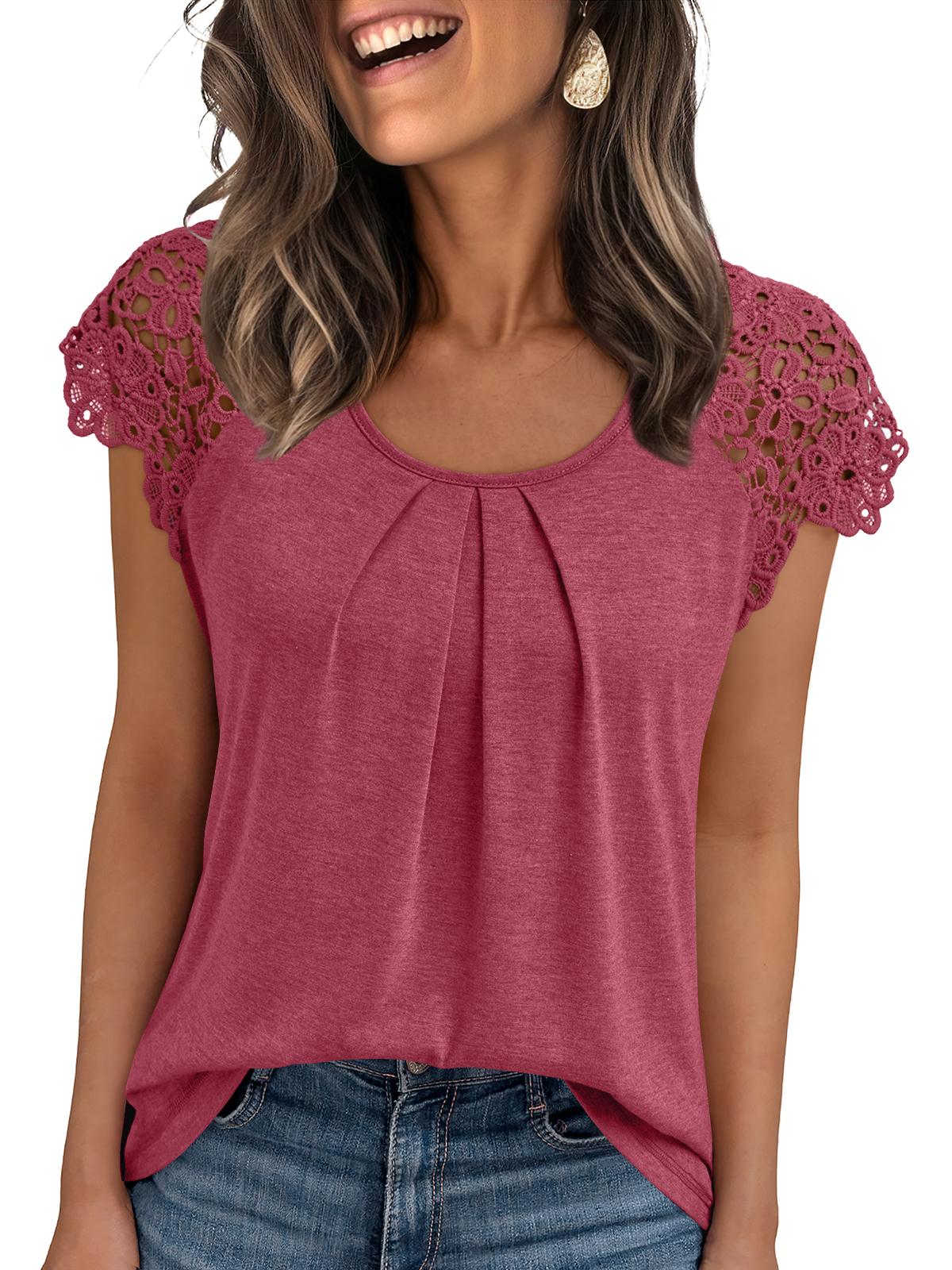 SUNBS Womens Lace Tops Pleated Short Sleeve Shirts Summer Business Casual Dressy Blouses
