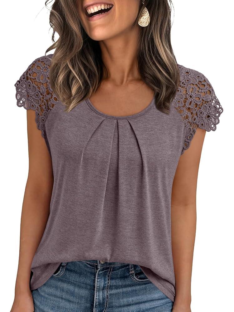 SUNBS Womens Lace Tops Pleated Short Sleeve Shirts Summer Business Casual Dressy Blouses