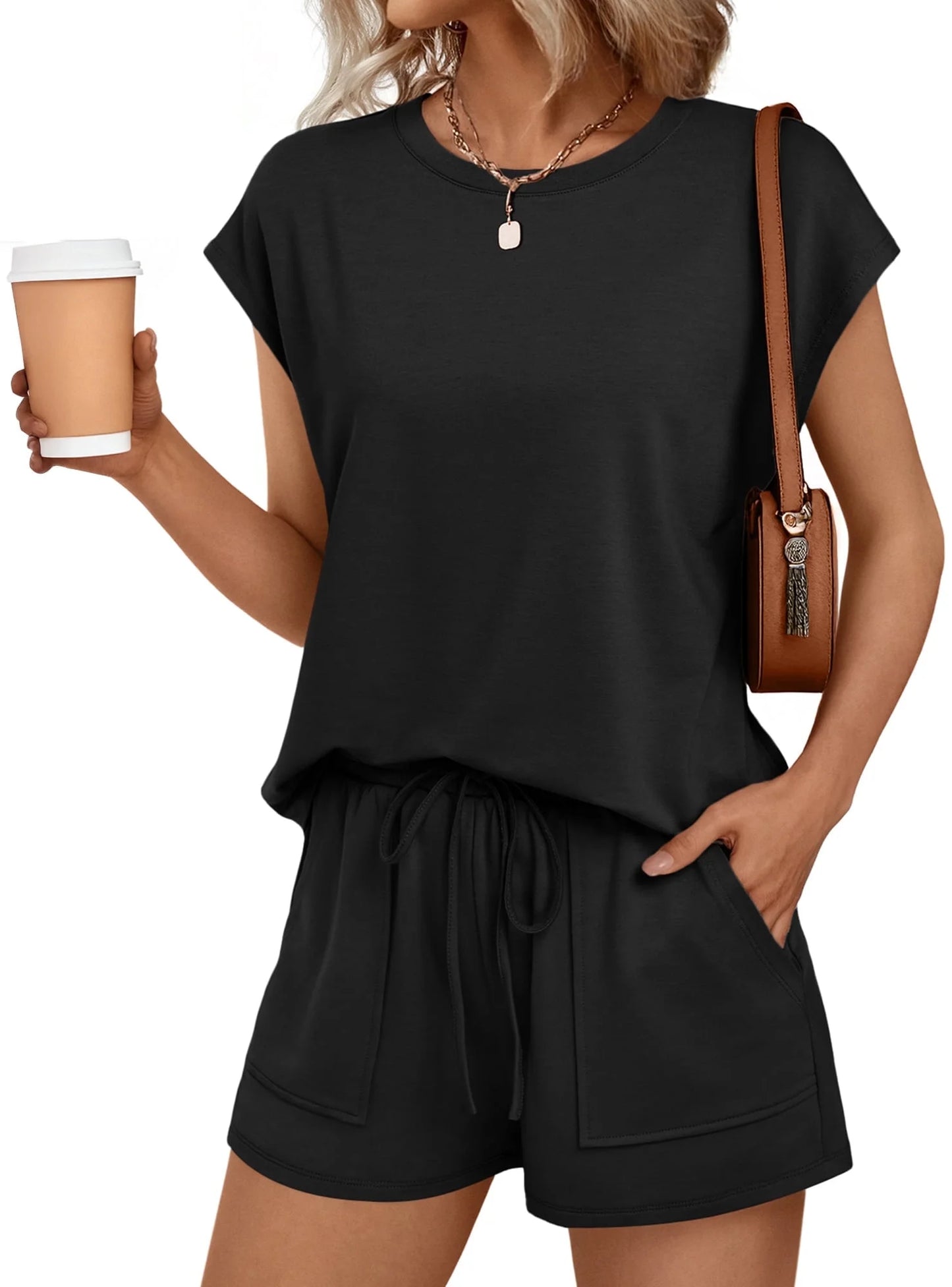 SUNBS Womens Crew Neck Two Piece short Sets Cap Sleeve Drawstring Summer Sweatsuit with Pocket