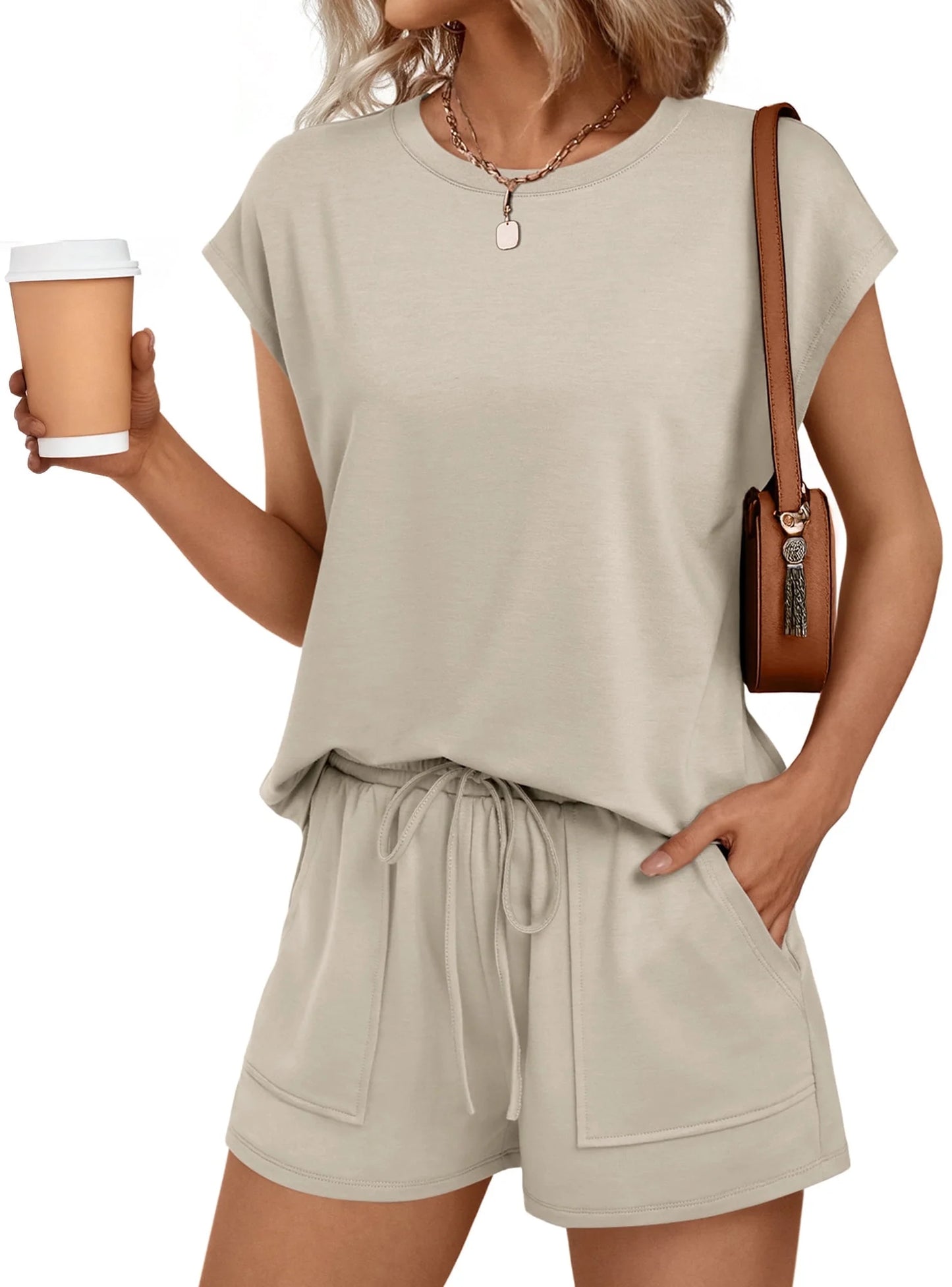 SUNBS Womens Crew Neck Two Piece short Sets Cap Sleeve Drawstring Summer Sweatsuit with Pocket