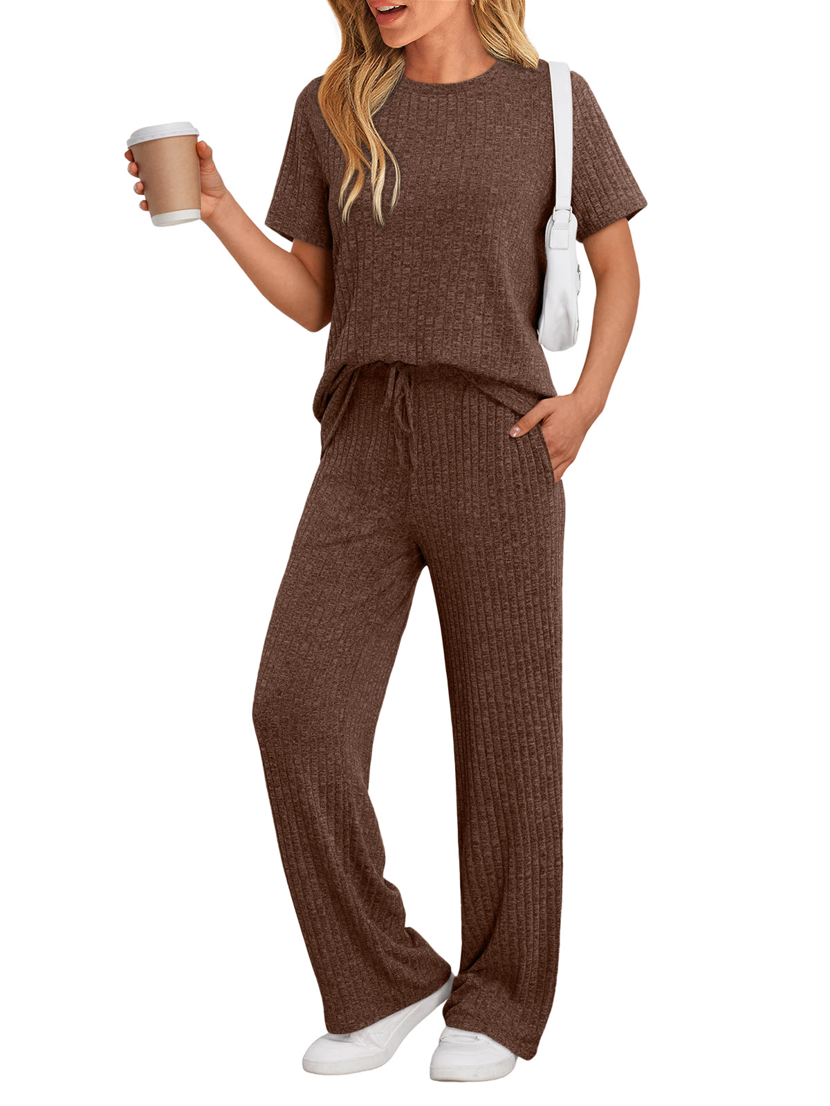 SUNBS Two Piece Lounge Sets for Women Matching Outfits Casual Ribbed Knit Pajamas Set Wide Leg Pants Trendy Clothes 2025