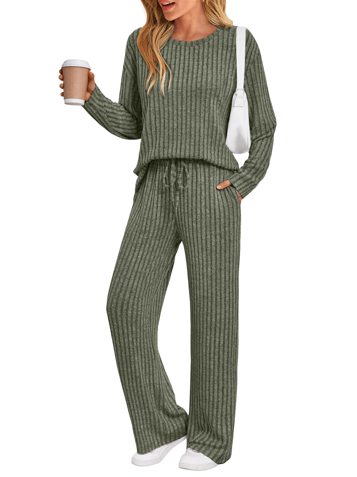 SUNBS Two Piece Lounge Sets for Women Pajamas Set Wide Leg Pants Ribbed Knit Winter Matching 2 Piece Outfits Trendy Clothes