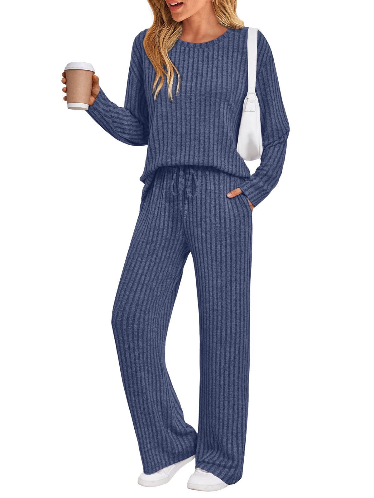 SUNBS Two Piece Lounge Sets for Women Pajamas Set Wide Leg Pants Ribbed Knit Winter Matching 2 Piece Outfits Trendy Clothes