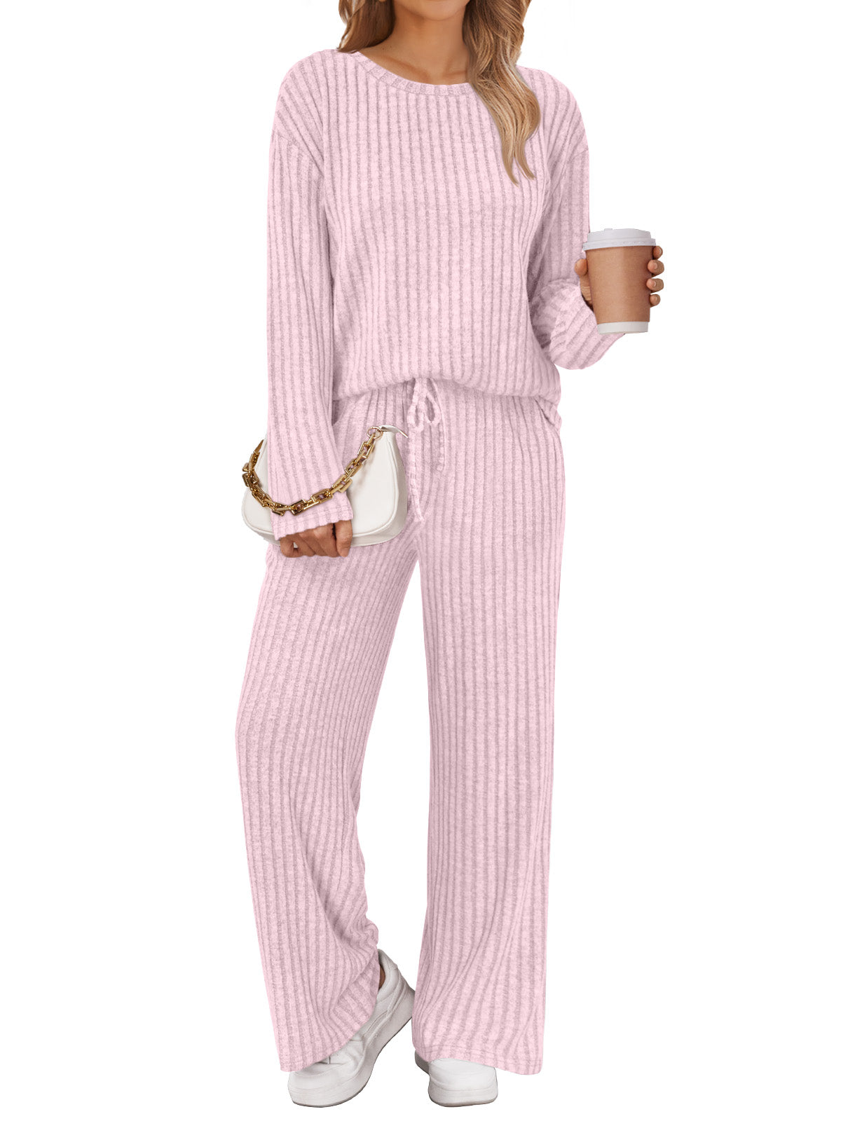 SUNBS Two Piece Lounge Sets for Women Pajamas Set Wide Leg Pants Ribbed Knit Winter Matching 2 Piece Outfits Trendy Clothes