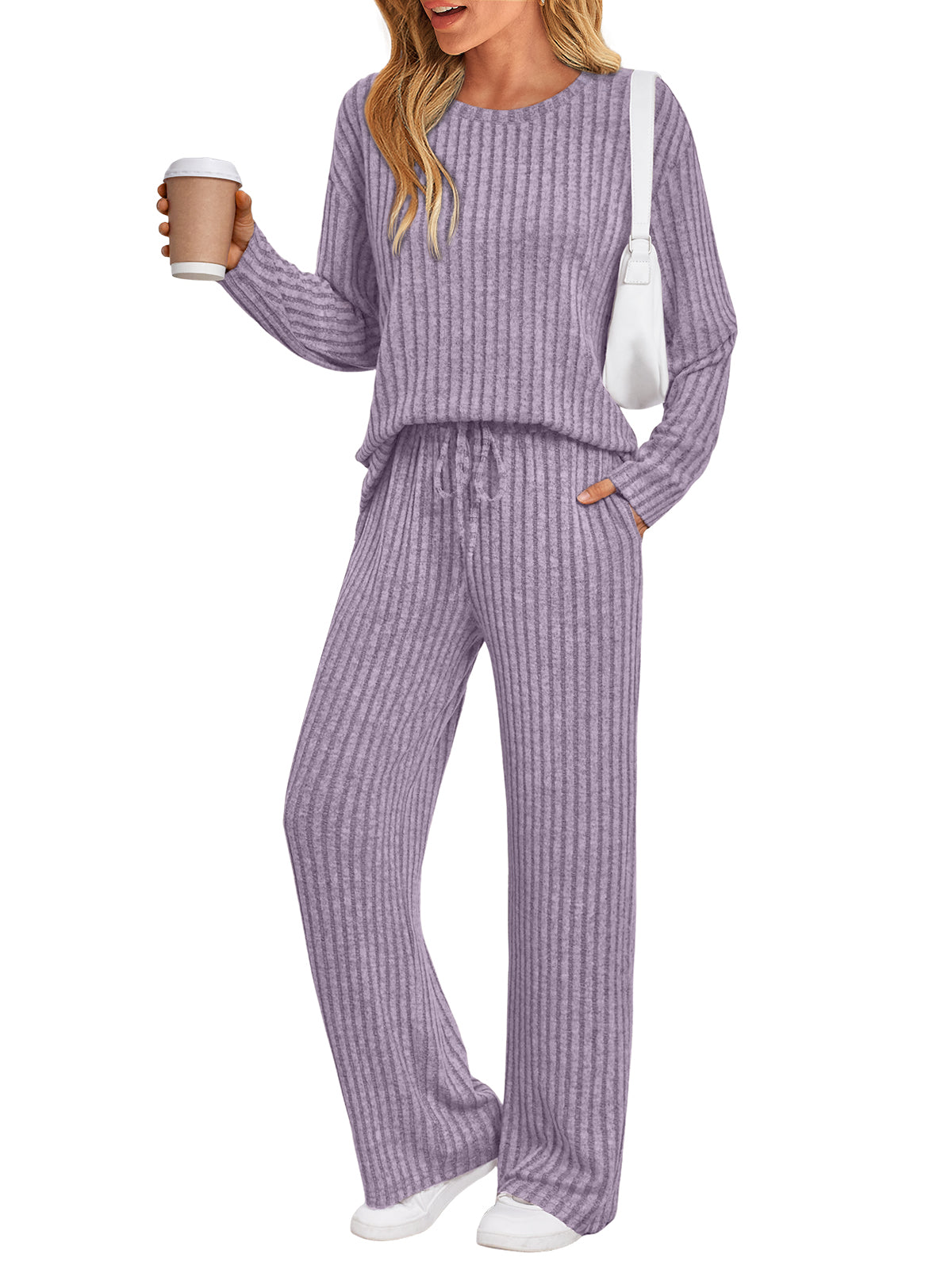 SUNBS Two Piece Lounge Sets for Women Pajamas Set Wide Leg Pants Ribbed Knit Winter Matching 2 Piece Outfits Trendy Clothes
