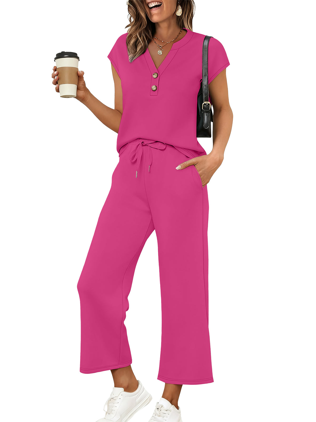 SUNBS Lounge Sets for Women 2 Piece Outfit Sets Cap Sleeve Henley Shirt and Pants Sweatsuit Womens Matching Sets