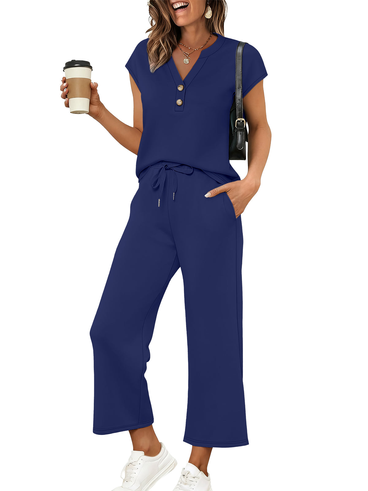 SUNBS Lounge Sets for Women 2 Piece Outfit Sets Cap Sleeve Henley Shirt and Pants Sweatsuit Womens Matching Sets