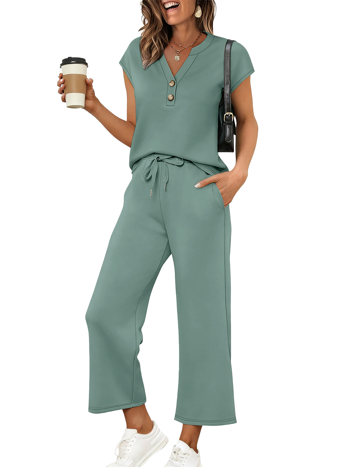 SUNBS Lounge Sets for Women 2 Piece Outfit Sets Cap Sleeve Henley Shirt and Pants Sweatsuit Womens Matching Sets