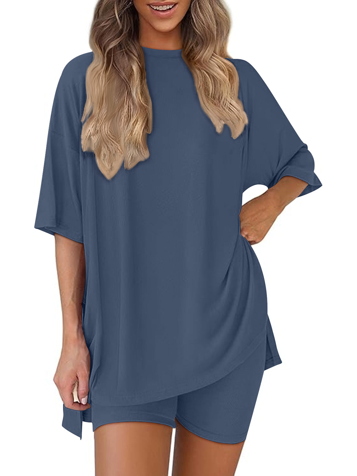 SUNBS Two Piece Lounge Set for Women Outfit Sets Casual Oversized Shirts Biker Shorts Matching Sets